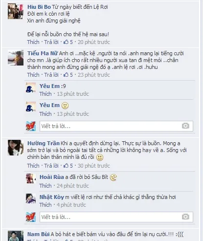 Nhiềungười yêu mếnLệ Rơi thật sự đã bày tỏ sự nuối tiếc khi Lệ Rơikhông hát nữa. Nhiềungười yêu mếnLệ Rơi thật sự đã bày tỏ sự nuối tiếc khi Lệ Rơikhông hát nữa.